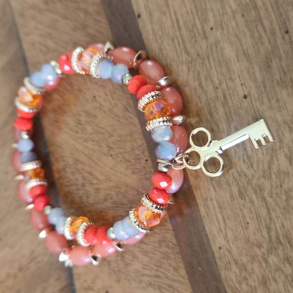 Multi-Color Beaded Bracelet with Key Charm